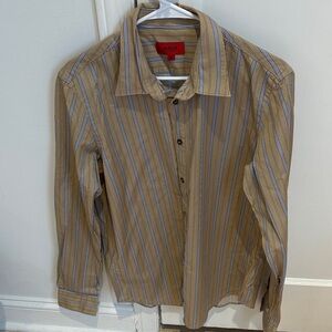 HUGO Men's Tan and Blue Striped Shirt medium